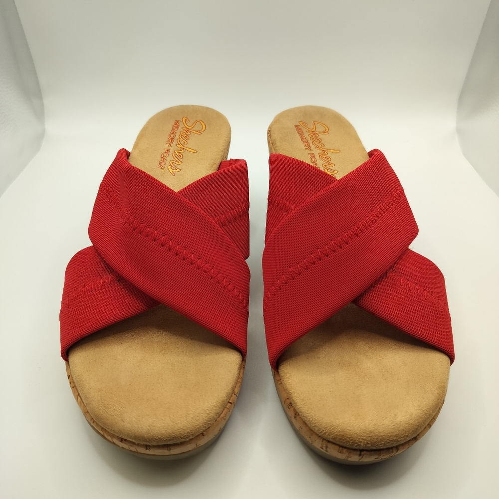 2/$30 Skechers Red Tan Wedge Cross Strap Slip On Sandals Womens‎ Size 7 Summer - Picture 3 of 13